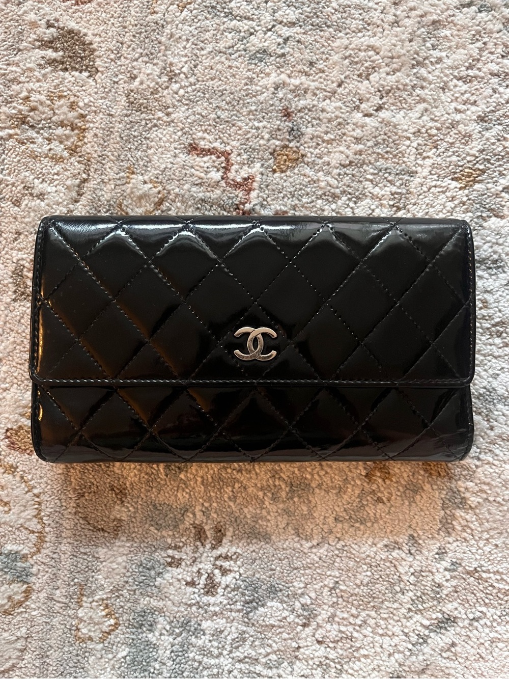 CHANEL Black Quilted Patent Leather Wallet with Silver CC